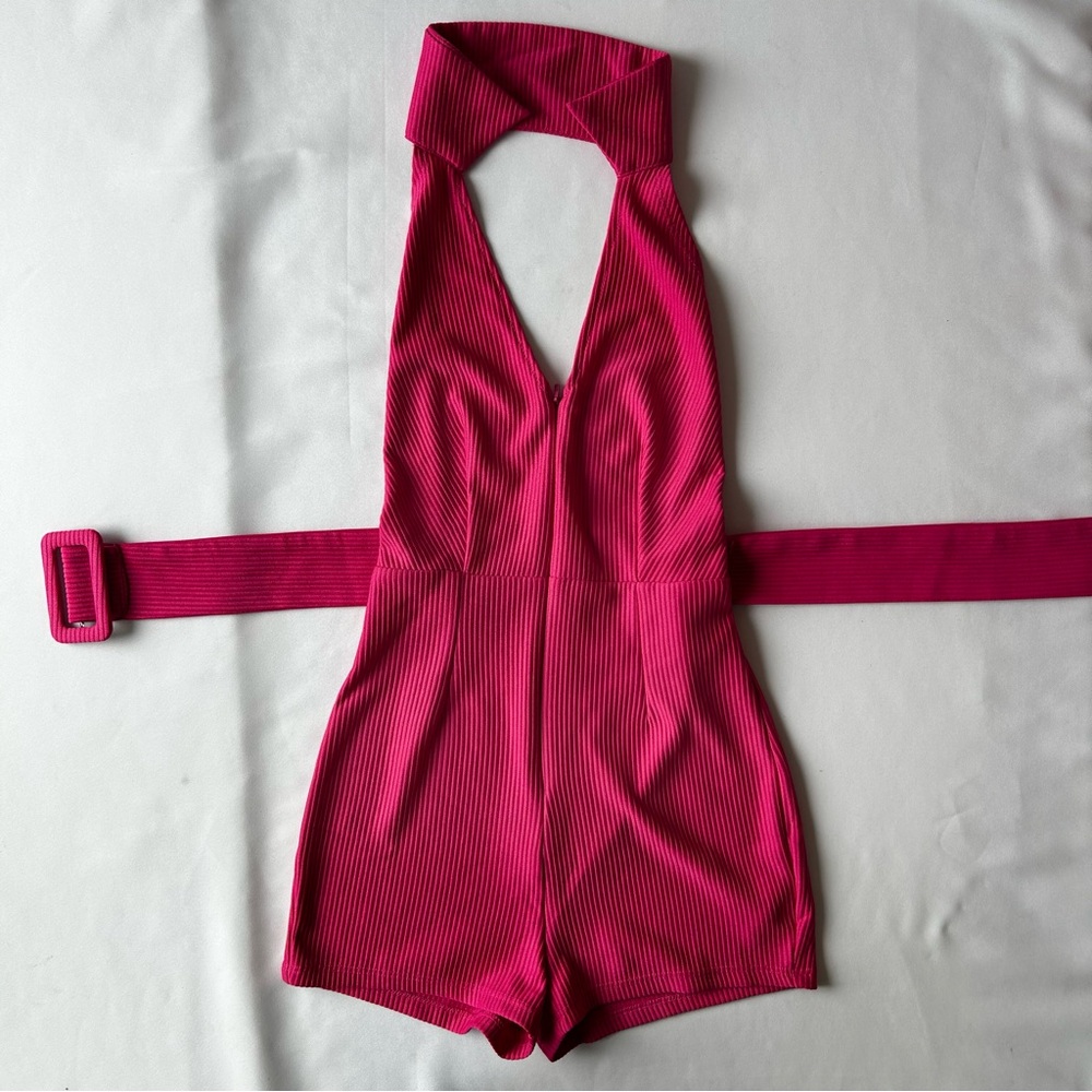 ASOS Pink Ribbed Halter Romper - Picture 2 of 9